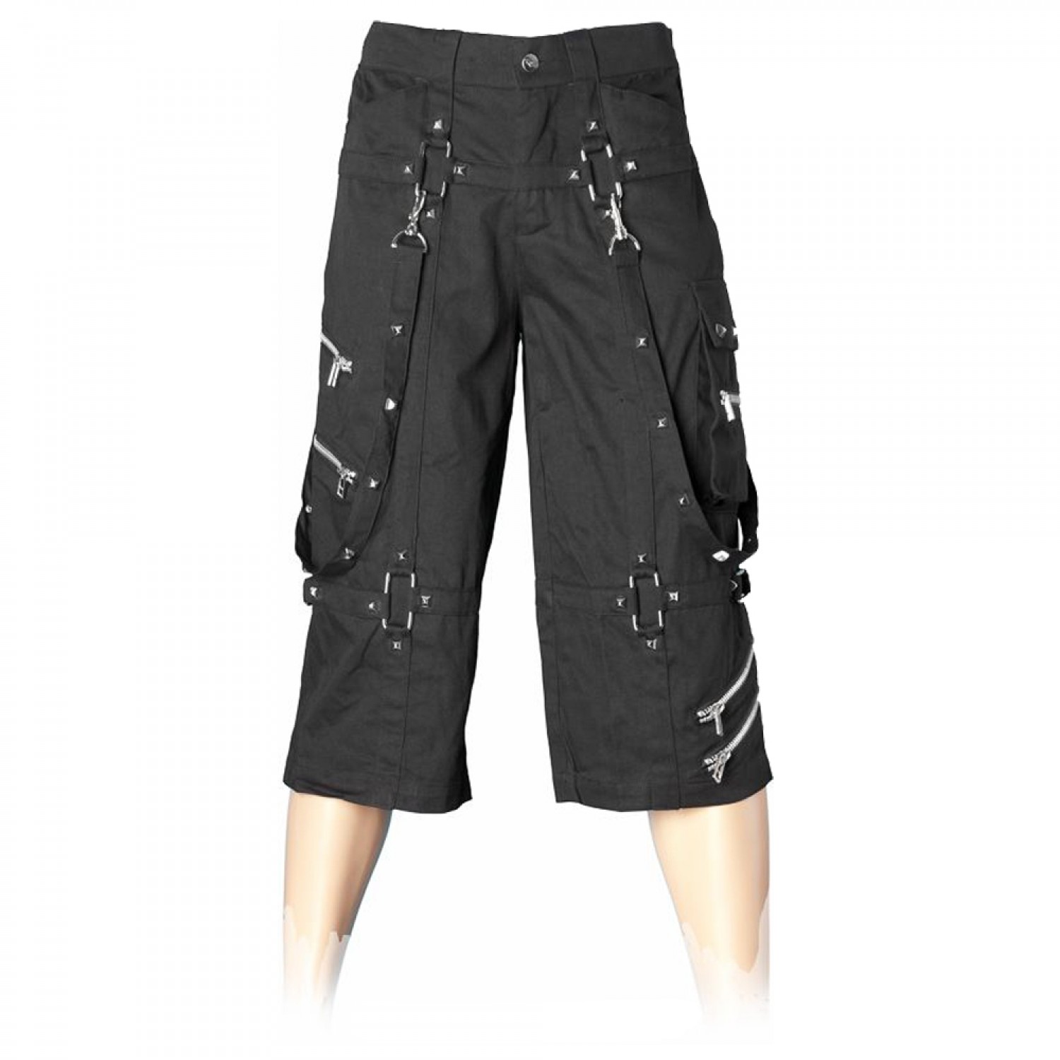 Men Black Gothic Long Short Gothic Metallic Shorts With Metal Decorations Clothing